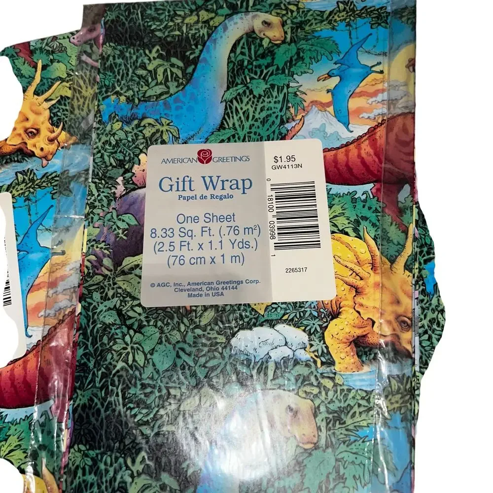 vintage 90s Dinosaur Gift Wrap lot of 3 American Greeting Colorful One Sheet